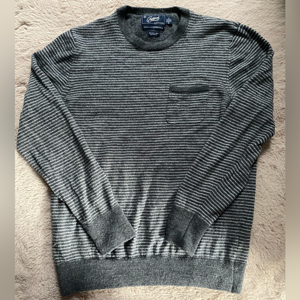 Mens Grayers Gray Crew Neck Sweater Long Sleeve Merino Wool Front Pocket Size L